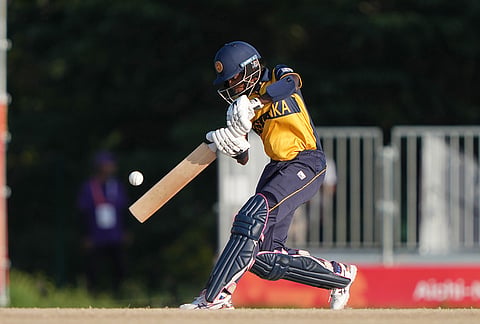 Sri Lanka's Kaveesha Dilhari Walikonthagei bats during the women's gold medal T20 cricket game between India and Sri Lanka at the Asian Games in Nisshin, Japan, Tuesday, Sept. 22, 2026. 