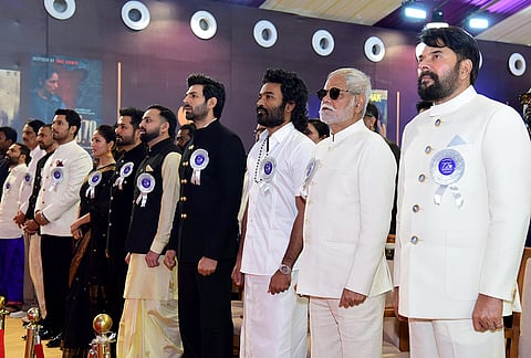 Actors Randeep Hooda, Mammootty, Sanjay Mishra, Kartik Aaryan, Dhanush, Yami Gautam Dhar and filmmaker Aditya Dhar during the 72nd National Film Awards, at Kevadia, in Narmada district, Gujarat. 