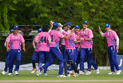 Japan's players celebrate a Indian wicket during the Suzuki Cup T20 cricket match in Sano, Japan, Tuesday, Sept. 22, 2026, marking 75 years of diplomatic relations between the two countries. 