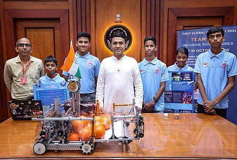 Goa CM Pramod Sawant during a meeting with Team Tech Infinity - Goa, selected as Team India to represent the country at the FIRST Global Challenge 2026 to be held in Incheon, South Korea. 
