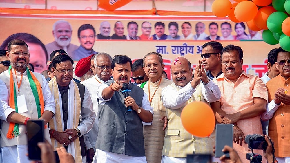 Bharatiya Janata Party National President Nitin Nabin speaks to the gathering during an event, near Dasna toll on the Delhi-Meerut Expressway in Ghaziabad. - | Photo: PTI