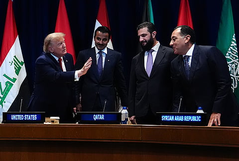 US President Donald Trump arrives for a multilateral meeting with the Gulf Cooperation Council during the United Nations General Assembly at the UN headquarters. 