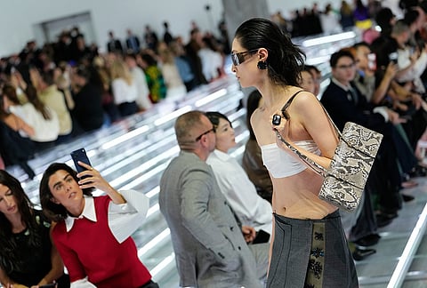 A model wears a creation part of the Prada women's Spring-Summer 2027 collection presented in Milan, Italy.