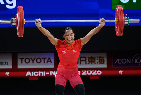 Mirabai Chanu Saikhom of India competes during the women's 49kg weightlifting final at the Asian Games in Nagoya, Japan, Wednesday, Sept. 23, 2026. 
