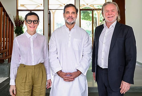LoP in the Lok Sabha and Congress MP Rahul Gandhi in a photograph with High Commissioner of Australia to India, Philip Green OAM, right, and London School of Economics and Political Science (LSE) Prof. Susan Marks during a meeting, in New Delhi. 