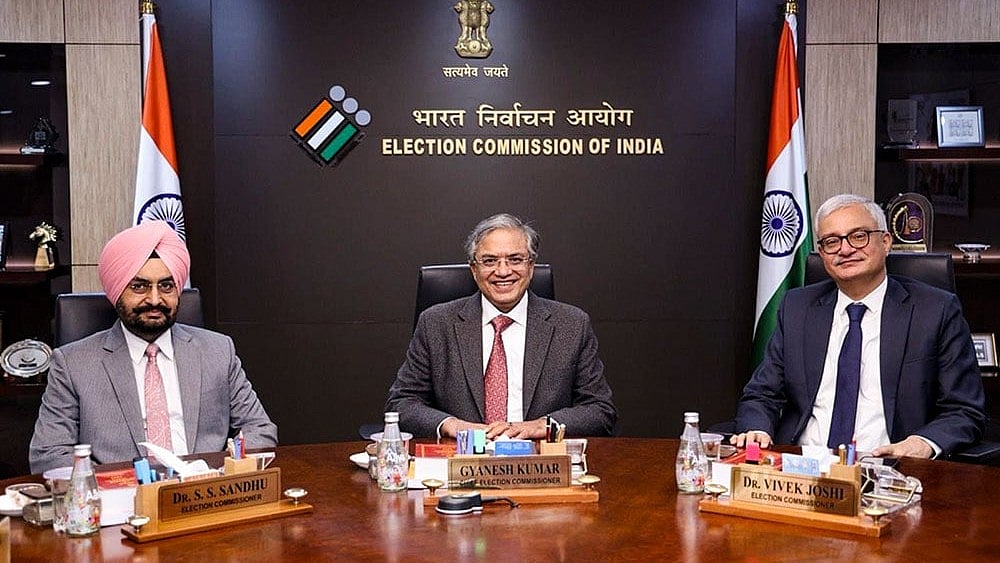 In this image posted on April 8, 2026, Chief Election Commissioner Gyanesh Kumar with Election Commissioners S S Sandhu and Vivek Joshi during a meeting with Trinamool Congress delegation members. - | Photo: @ECISVEEP/X via PTI 