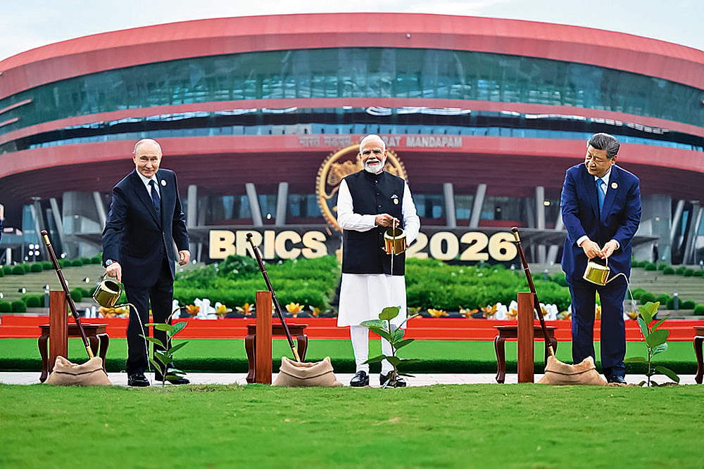 Diplomatic Win: Vladimir Putin, Narendra Modi and Xi Jinping plant tree saplings during the 18th BRICS Summit in New Delhi - | Courtesy: X