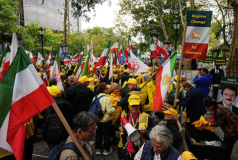 Demonstrators against the Iranian regime protest outside of the United Nations headquarters during the 81st session of the United Nations General Assembly, Tuesday, Sept. 22, 2026, in New York. 

