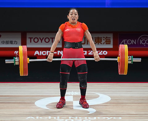 India’s Mirabai Chanu competes in the Women’s 49kg Group A weightlifting final match during the 20th Asian Games, in Nagoya, Japan, Wednesday, Sept. 23, 2026. Chanu clinches silver medal. 