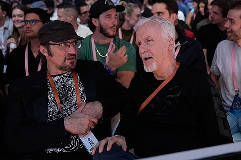 Film directors Robert Rodriguez, left, and James Cameron sit in the crowd during the Meta Connect conference, Wednesday, Sept. 23, 2026, in Menlo Park, Calif.