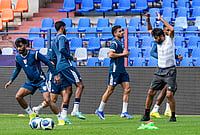 India Vs Panama, International Friendly: Depleted Los Canaleros Sweat It Out In Bengaluru | Photo: PTI/Shailendra Bhojak : India's football team coach Khalid Jamil, right, with team players during a training session ahead of FIFA international friendly match between India and Panama, in Bengaluru, Karnataka, Thursday, Sept. 24, 2026.