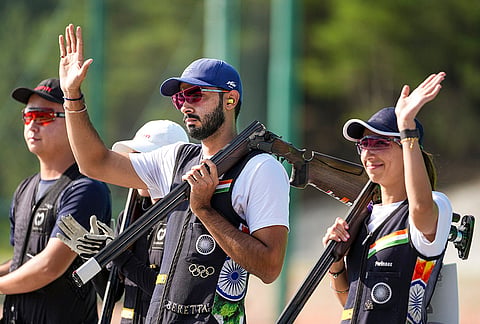 India’s Parinaaz Dhaliwal, right, and Anant Jeet Singh Naruka compete the Skeet Mixed Team final match during the 20th Asian Games, in Nagoya, Japan, Thursday, Sept. 24, 2026. 