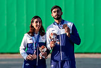 | Photo: PTI/Atul Yadav : India’s Parinaaz Dhaliwal, left, and Anant Jeet Singh Naruka hold the bronze medals after the Skeet Mixed Team final match at the 20th Asian Games, in Nagoya, Japan, Thursday, Sept. 24, 2026. 