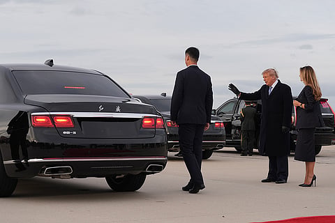 President Donald Trump and first lady Melania Trump wave to China's President Xi Jinping and his wife Peng Liyuan before they depart after an arrival ceremony at Joint Base Andrews, Md., Wednesday, Sept. 23, 2026.