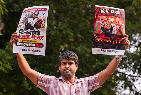 Indian Youth Congress (IYC) members stage a protest against Chief Election Commissioner (CEC) Gyanesh Kumar, in New Delhi, Wednesday, Sept. 23, 2026. 