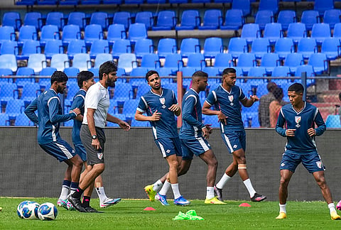 India's football team coach Khalid Jamil, front left, with team players during a training session ahead of FIFA international friendly match between India and Panama, in Bengaluru, Karnataka, Thursday, Sept. 24, 2026. 