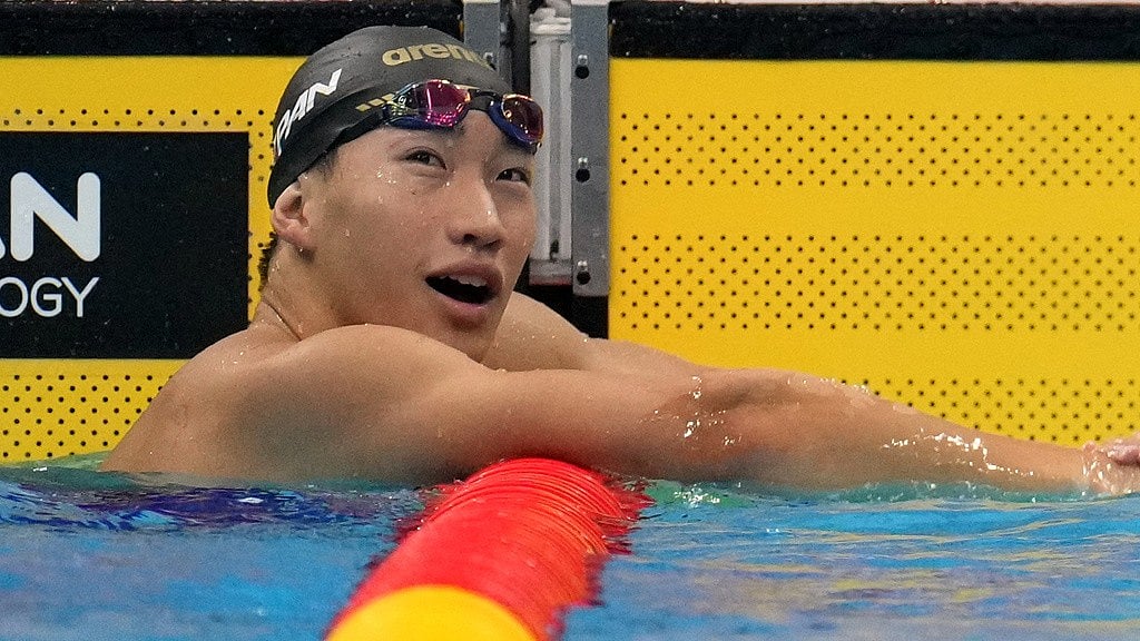 Shin Ohashi of Japan celebrates after winning the men's 200-meter breaststroke final in swimming at the Asian Games in Tokyo. - AP Photo/Hiro Komae