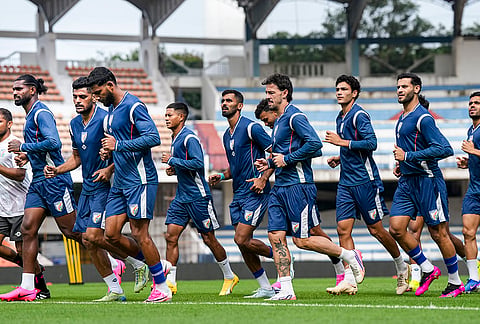 India's football team players during a training session ahead of FIFA international friendly match between India and Panama, in Bengaluru, Karnataka, Thursday, Sept. 24, 2026. 