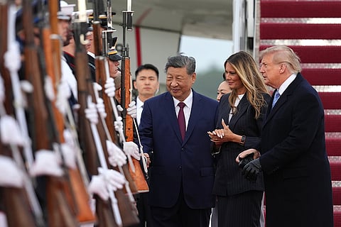 President Donald Trump, first lady Melania Trump, China's President Xi Jinping and his wife Peng Liyuan participate in an arrival ceremony at Joint Base Andrews, Md., Wednesday, Sept. 23, 2026.