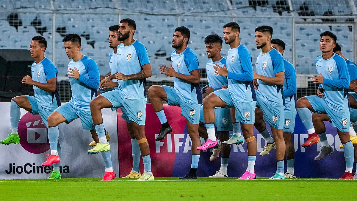 File photo of the Indian national football team captain Sunil Chhetri with teammates before the FIFA World Cup 2026 qualifier match between India and Kuwait, in Kolkata. - | Photo: PTI/Swapan Mahapatra