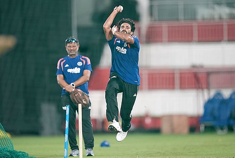 Nitish Kumar Reddy, the Indian all-rounder, bowls during the practice session in Thiruvananthapuram ahead of the ODI series.