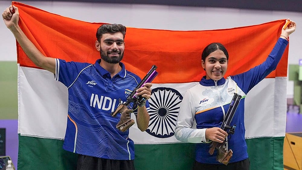 India’s Suruchi Singh, right, and Kamaljeet celebrate after winning Gold medal in the 10 meter air pistol mixed team final in the ongoing Asian Games 2026, in Nagoya, Japan, Friday, Sept. 25, 2026.  - | Photo: PTI/Atul Yadav