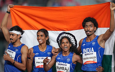 India's T S Manu, M R Poovamma, Vithya Ramraj, and T K Vishal celebrate after winning the silver medal in the 4x400m mixed relay event during the Asian Games, in Nagoya, Japan, Thursday, Sept. 24, 2026. 