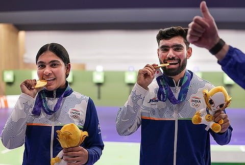 India’s Suruchi Singh, left, and Kamaljeet celebrate after winning Gold medal in the 10 meter air pistol mixed team final in the ongoing Asian Games 2026, in Nagoya, Japan, Friday, Sept. 25, 2026. 