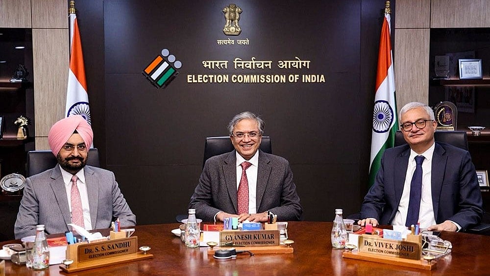 Chief Election Commissioner Gyanesh Kumar with Election Commissioners S S Sandhu and Vivek Joshi  - | Photo: @ECISVEEP/X via PTI 