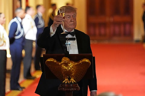 President Donald Trump gives a toast during a State Dinner for China's President Xi Jinping in the East Room at the White House, Thursday, Sept. 24, 2026, in Washington.