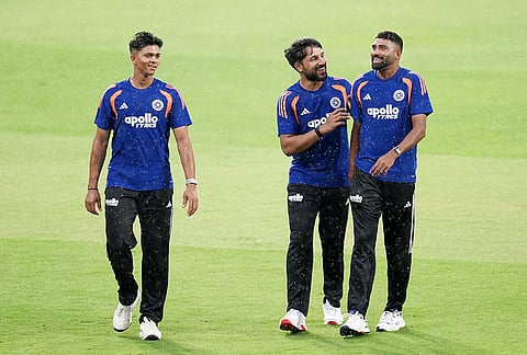 Yashasvi Jaiswal, Dhruv Jurel, and Mohammed Siraj during India's net session ahead of the ODI series against the West Indies.