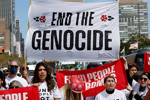 Demonstrators gather to protest ahead of Israeli Prime Minister Benjamin Netanyahu's address during the 81st session of the United Nations General Assembly, Thursday, Sept. 24, 2026, in New York.