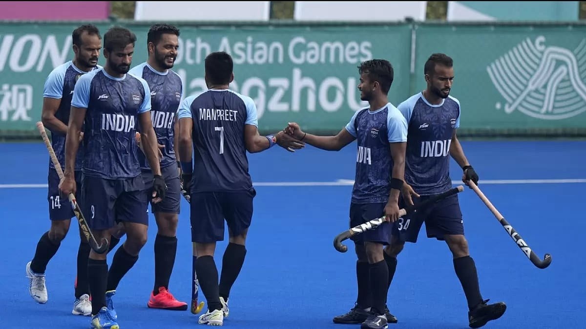 The Indian mens hockey team in action at the Hangzhou Asian Games. - Screen grab