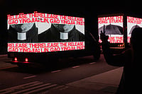| Photo: AP/Jose Luis Magana : Demonstrators driving billboards project the faces of jailed activists during a protest against China's President Xi Jinping outside of the National Gallery of Art building Wednesday, Sept. 23, 2026, in Washington.