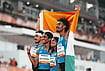 India Win Silver In Mixed 4x400m Relay As Bahrain Set Asian Games Record | Photo: AP/Lee Jin-man : From left, India's Manu Thekkinalil Saji, Poovamma Raju Machettira, Vithya Ramraj and Vishal Thennarasu celebrate after competing in the 4x400-meter relay mixed final at the Asian Games in Nagoya, Japan, Thursday, Sept. 24, 2026.