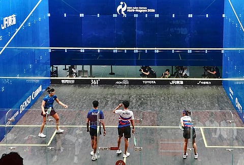 India’s Joshna Chinappa and Velavan Senthilkumar compete during a quarterfinal squash match against Philippines’ David Pelino and Jemyca Aribado in the ongoing Asian Games 2026, in Nagoya.