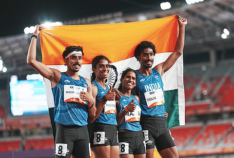From left, India's Manu Thekkinalil Saji, Poovamma Raju Machettira, Vithya Ramraj and Vishal Thennarasu celebrate after competing in the 4x400-meter relay mixed final at the Asian Games in Nagoya, Japan, Thursday, Sept. 24, 2026. 