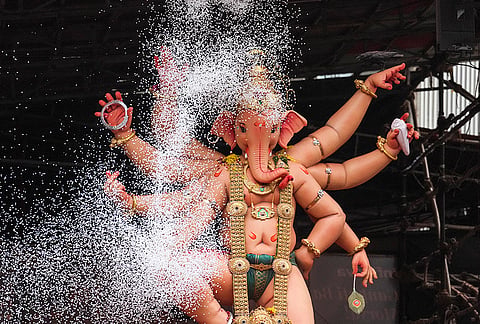 An idol of lord Ganesh, 'Mumbai cha raja', being taken for an immersion ceremony during the conclusion of Ganesh Chaturthi festival, in Mumbai, Friday, Sept. 25, 2026. 