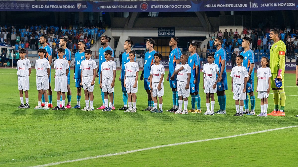 Indian football team signing national anthem ahead of International friendly against Panama.  - IndianFootball/X