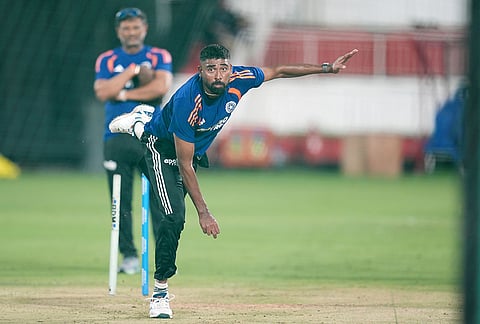Veteran pacer Mohammed Siraj bowls during the Indian team's net session ahead of the ODI series against the West Indies.