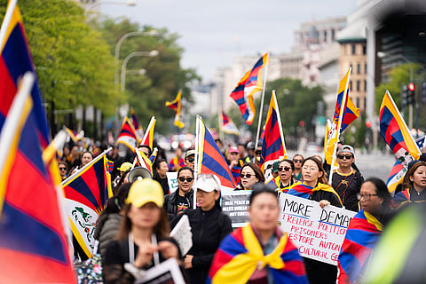 Pro-Tibet independence protestors demonstrate near the U.S. Capitol while China's President Xi Jinping visits the White House, Thursday, Sept. 24, 2026, in Washington.