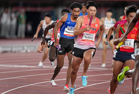 India's T K Vishal and others run in the 4x400m mixed relay event during the Asian Games, in Nagoya, Japan, Thursday, Sept. 24, 2026. 