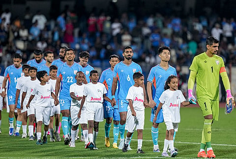 Goalkeeper Gurpreet Singh Sandhu (1) and defender Akash Mishra (6) lead the Indian national football team onto the pitch prior to their FIFA International Friendly 2026 match against Panama, in Bengaluru, Karnataka, Friday, Sept. 25, 2026. 