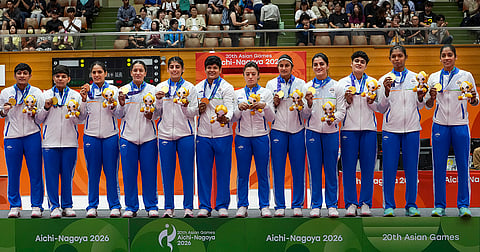 India’s players pose for photographs after winning Gold medal in the women’s final Kabaddi match against Iran in the ongoing 20th Asian Games, in Tokai City, Japan, Saturday, Sept. 26, 2026. 
