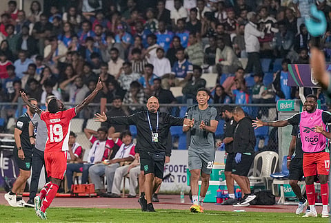 Panama forward Kahiser Lenis (No. 19) celebrates a goal with teammates and coaching staff during the FIFA international friendly match against India, in Bengaluru, Karnataka, Friday, Sept. 25, 2026. 
