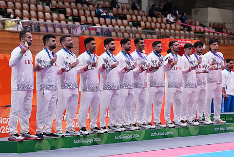 Silver medalist team Iran pose during the medal ceremony of the men's kabaddi at the Asian Games in Tokai City, Japan, Saturday, Sept. 26, 2026.