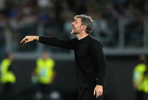 Belgium head coach Mark van Bommel gestures during the Nations League soccer match between Italy and Belgium in Rome, Friday, Sept. 25, 2026. 
