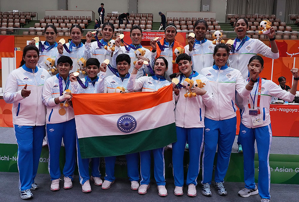 Gold medalist, team India poses for a group photo after the women's kabaddi at the Asian Games in Tokai City, Japan, Saturday, Sept. 26, 2026. 
 - | Photo: AP/Mark Baker
