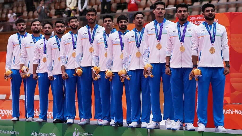Gold medalist team India stand for their national anthem on the podium during the medal ceremony of the men's kabaddi at the Asian Games in Tokai City, Japan, Saturday, Sept. 26, 2026. - AP Photo/Mark Baker