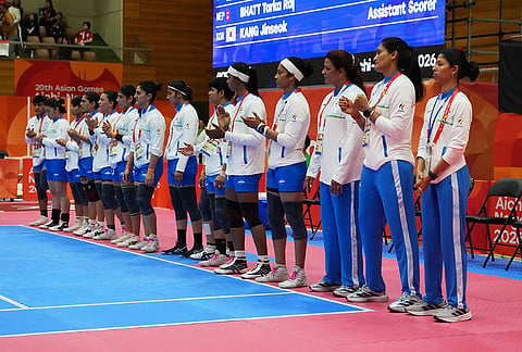 India's team members line up ahead of the women's kabaddi final at the Asian Games in Tokai City, Japan, Saturday, Sept. 26, 2026. 